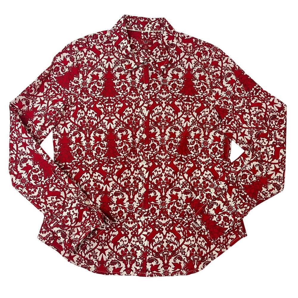 Talbots Red Christmas Reindeer Button Down sz 8Petite Holiday Preppy Classic